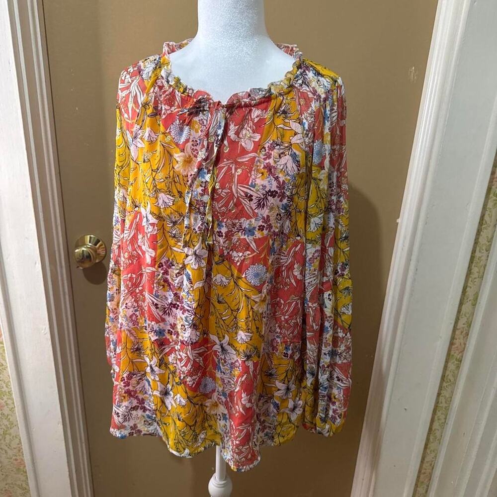 A...Love Story Blouse Womens XL Yellow Coral Floral Patchwork Balloon Sleeve